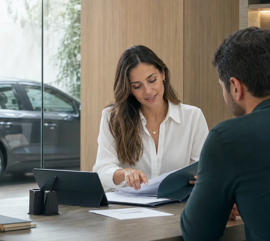 Consultora orientando um cliente sobre documentos do veículo